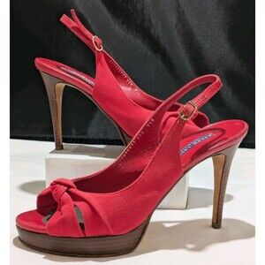 Ralph Lauren Purple Label Bow Twist Peep Open Toe Heels Shoes RED Size 9.5 B EUC